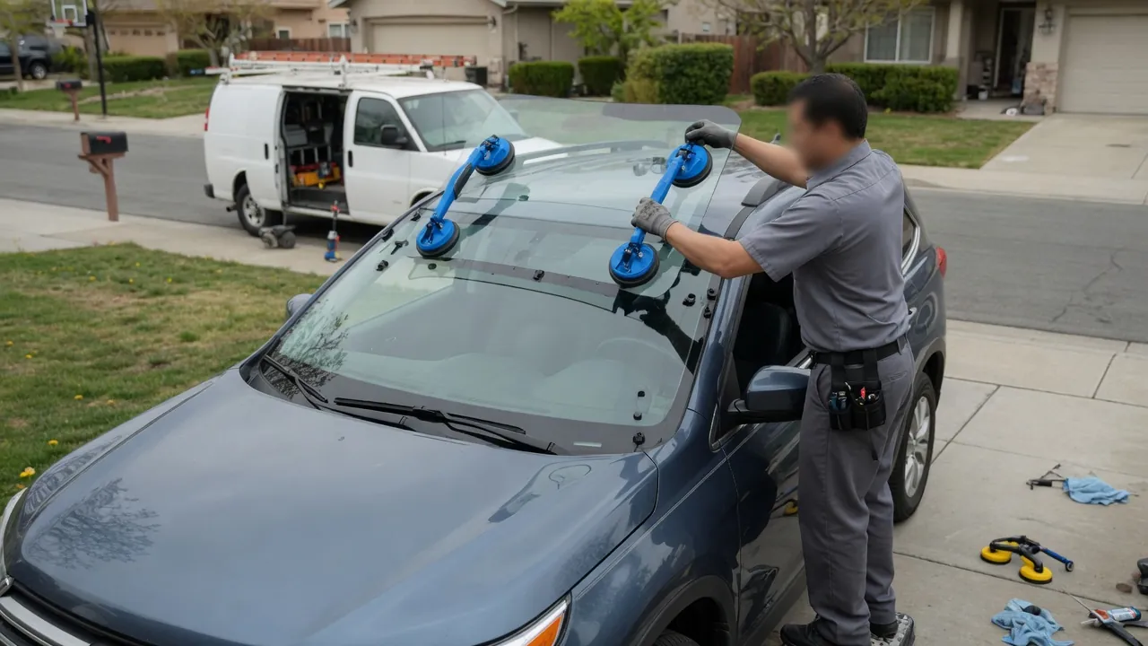 Mobile auto glass technician fitting a new windshield onto an SUV in a driveway