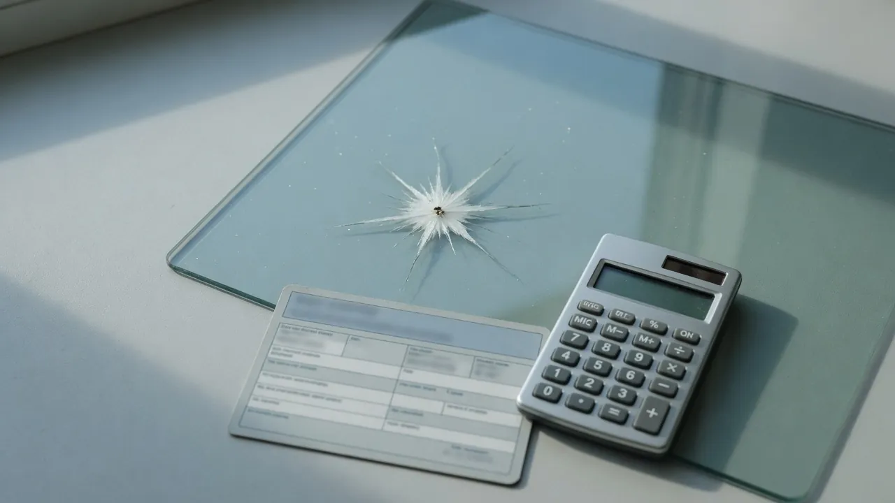 Windshield with a rock chip beside a calculator and an insurance card