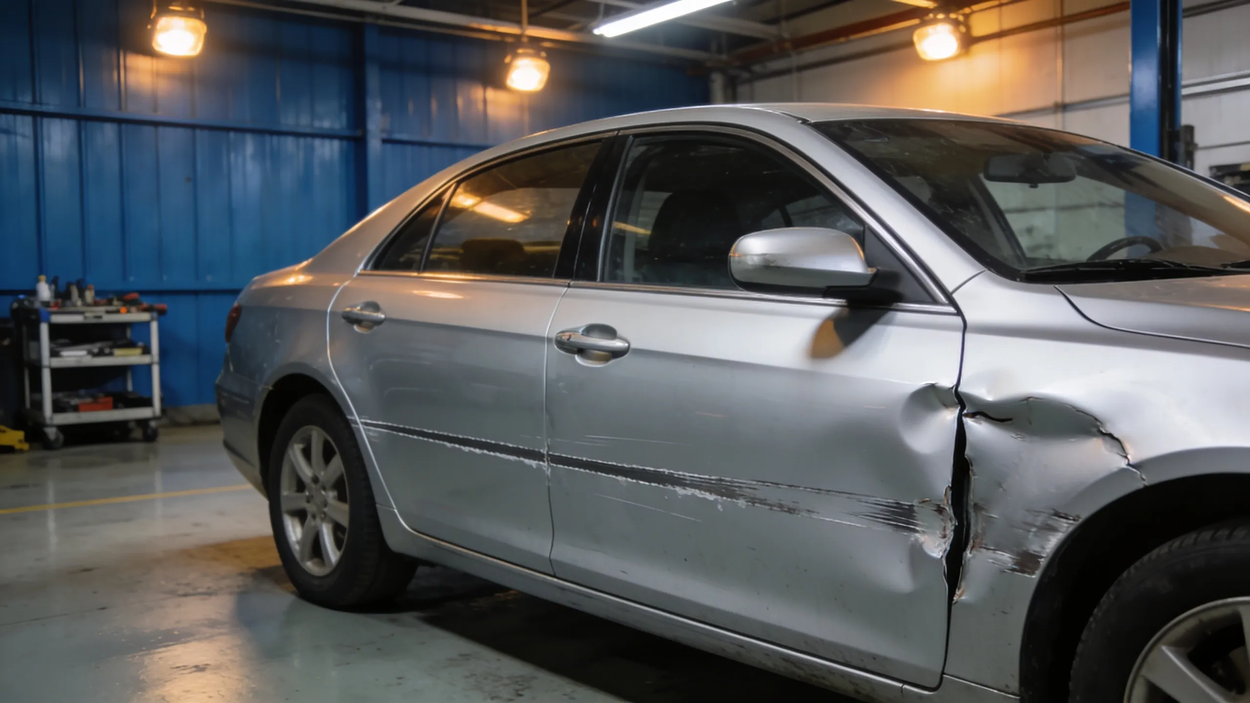 Close-up side view of a car with side swipe damage, long scrape and dents along the driver-side doors and front fender in a body shop