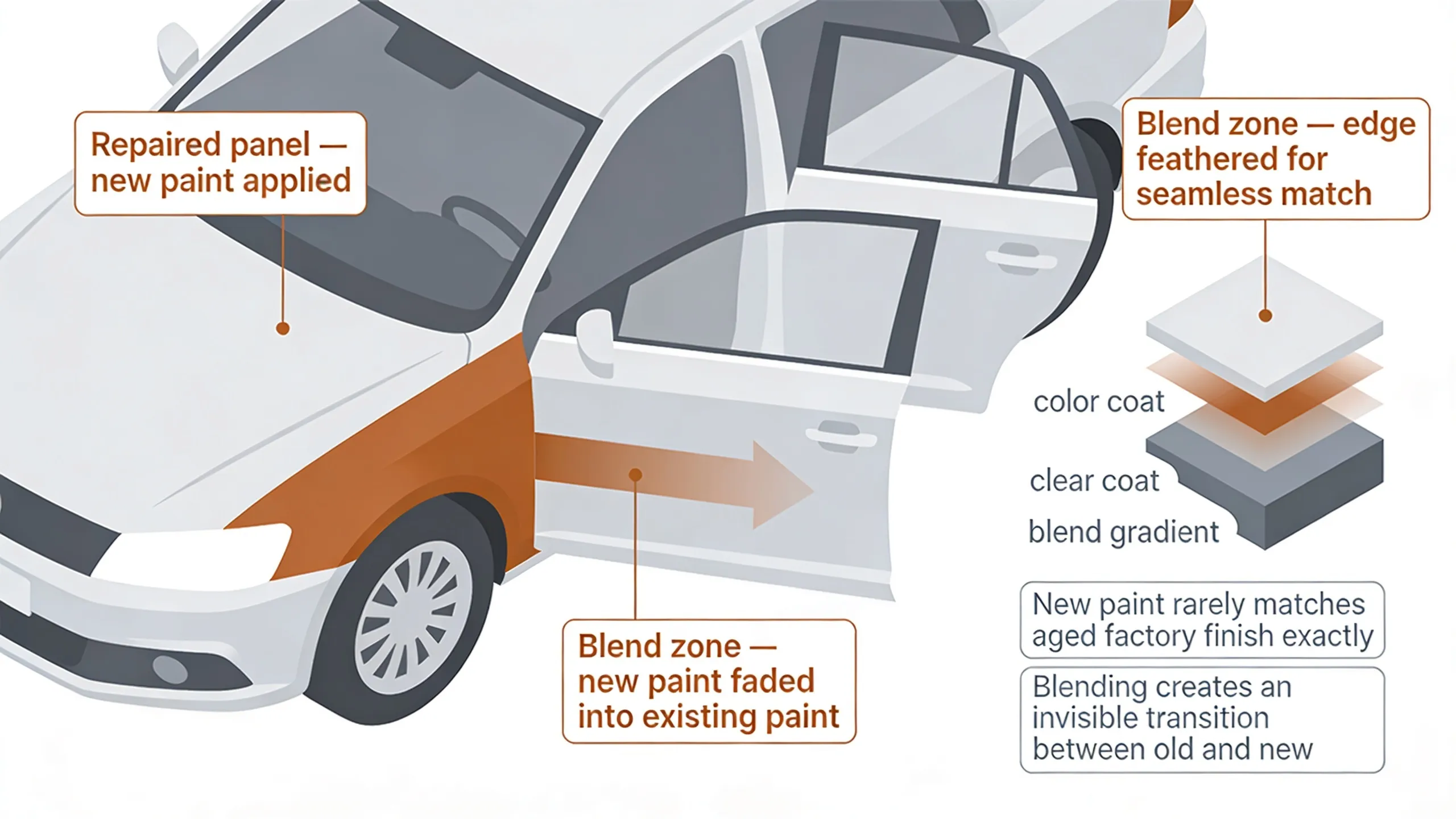 Diagram showing why side swipe car damage repair requires paint blending across adjacent panels for a seamless color match