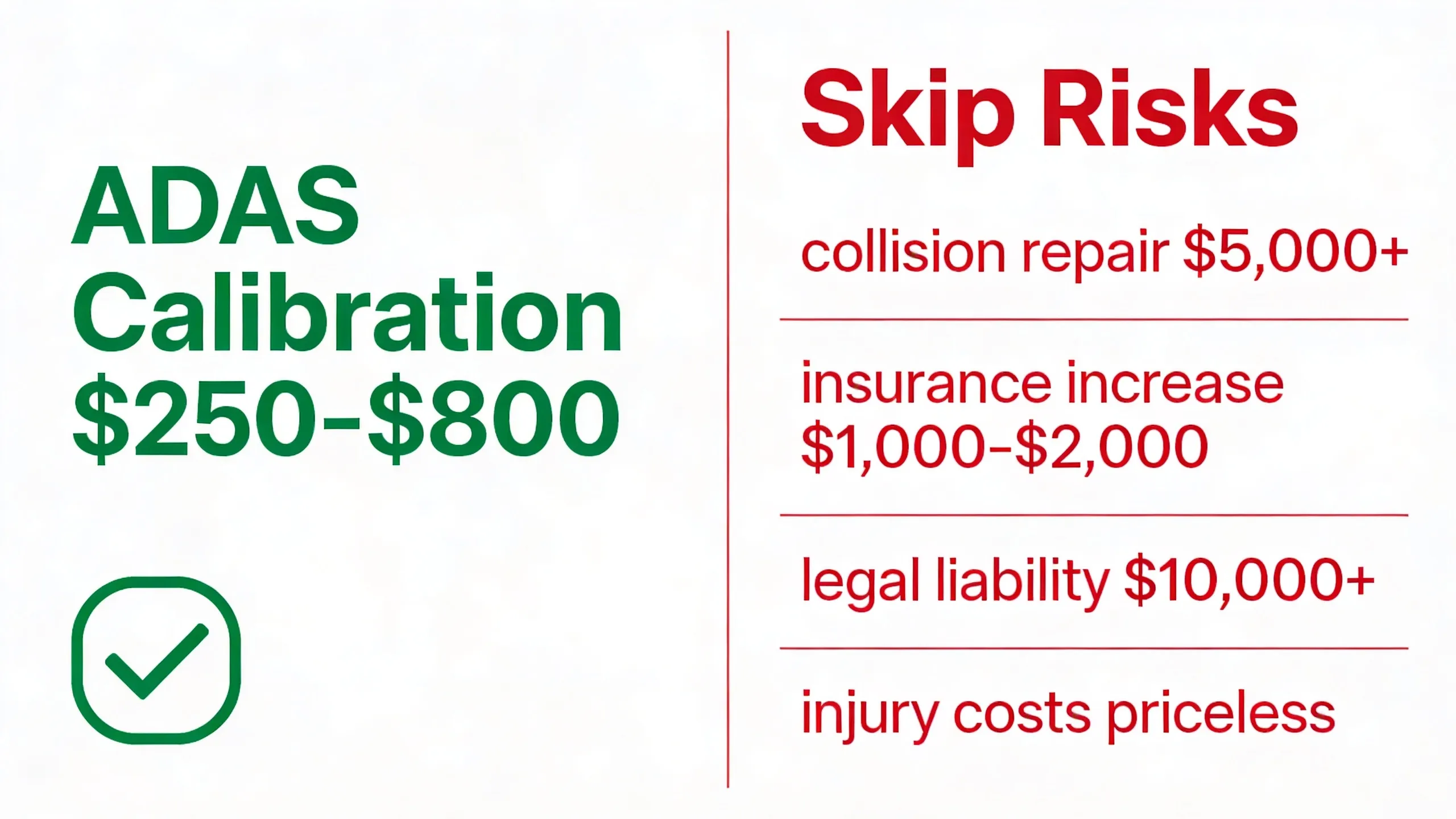 Cost comparison showing ADAS calibration at $250-$800 versus potential costs of skipping calibration