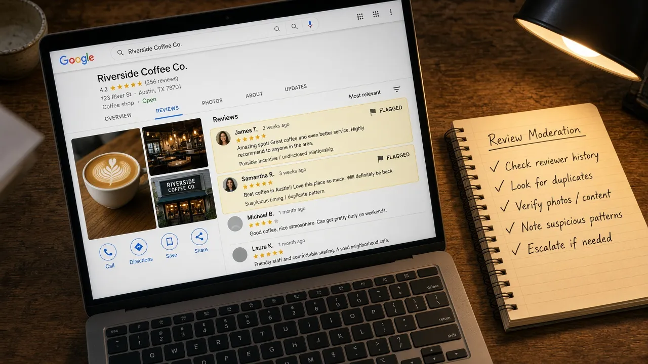 Laptop showing Google Business Profile reviews next to a notepad with checkmarks