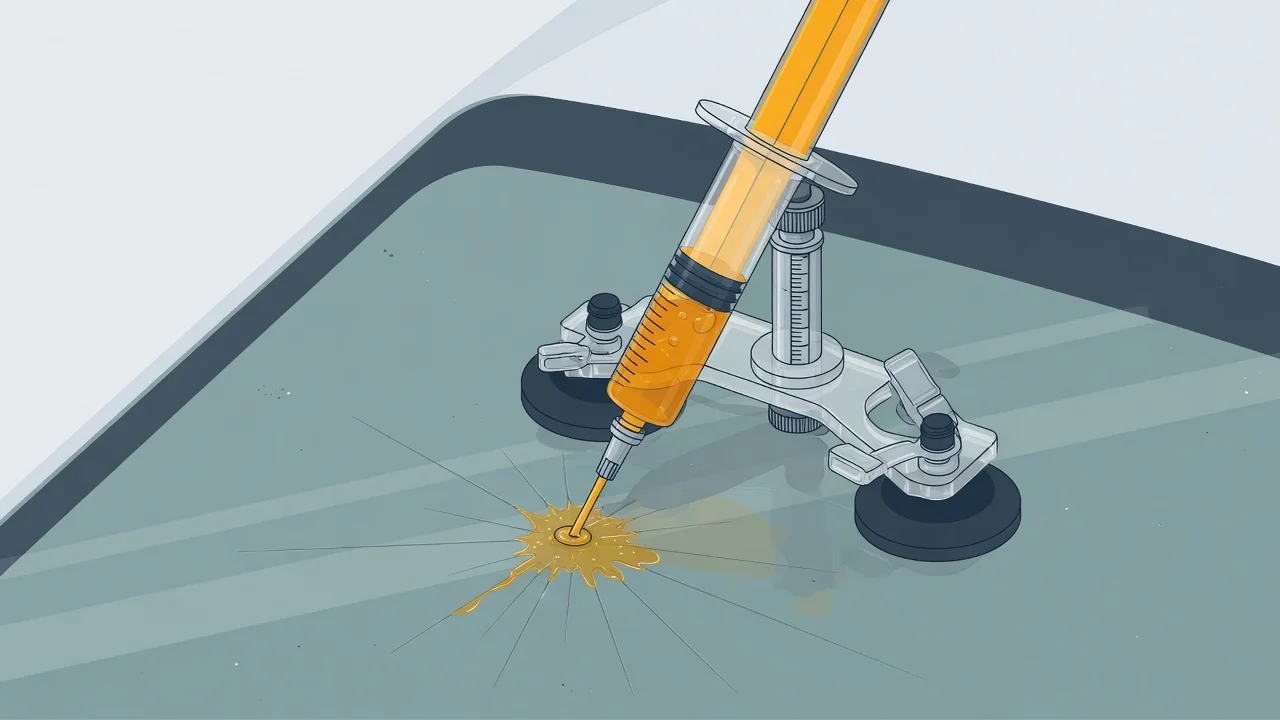 Windshield chip repair with a resin injector tool mounted on the glass