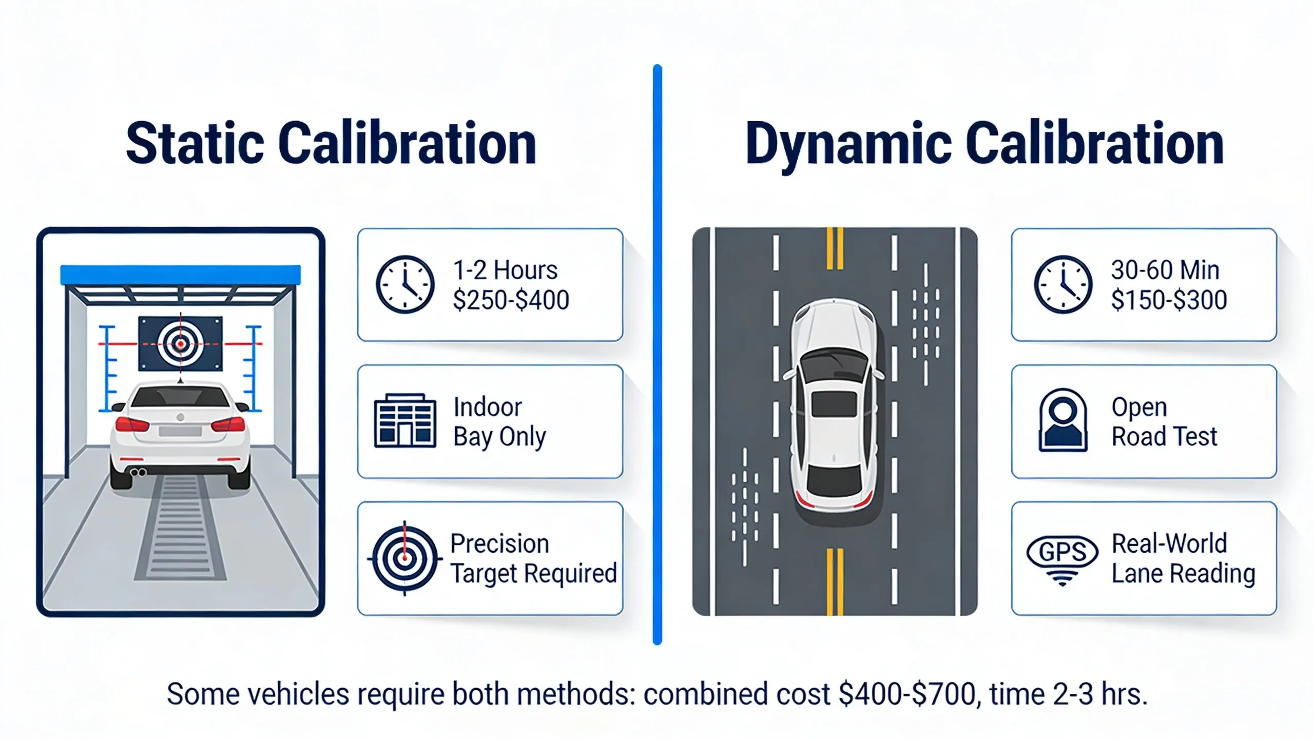 Static vs dynamic ADAS calibration comparison infographic showing cost, time, setting, and equipment differences side by side