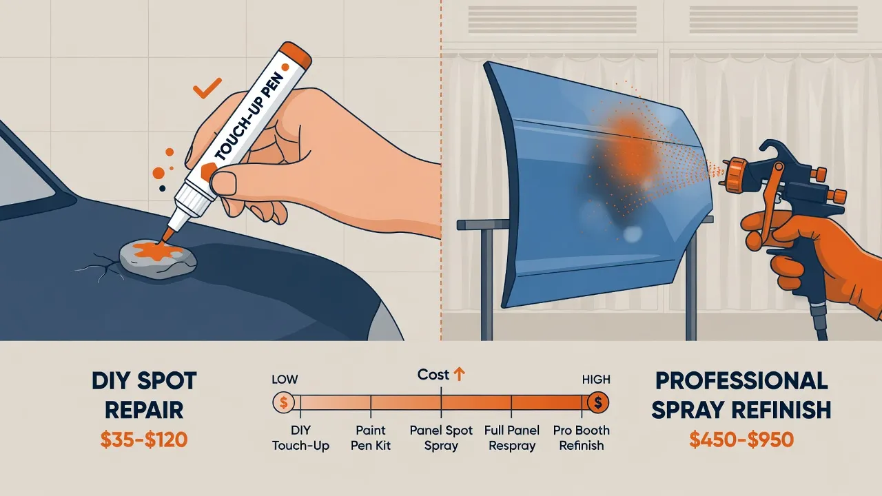 Infographic comparing DIY touch-up paint with professional panel refinishing by cost and result
