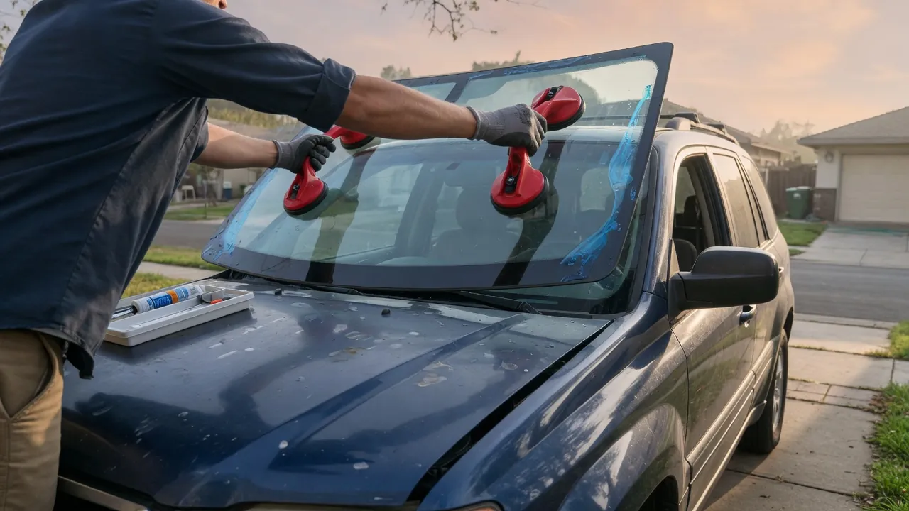 Auto glass technician fitting a new windshield onto an SUV in a home driveway