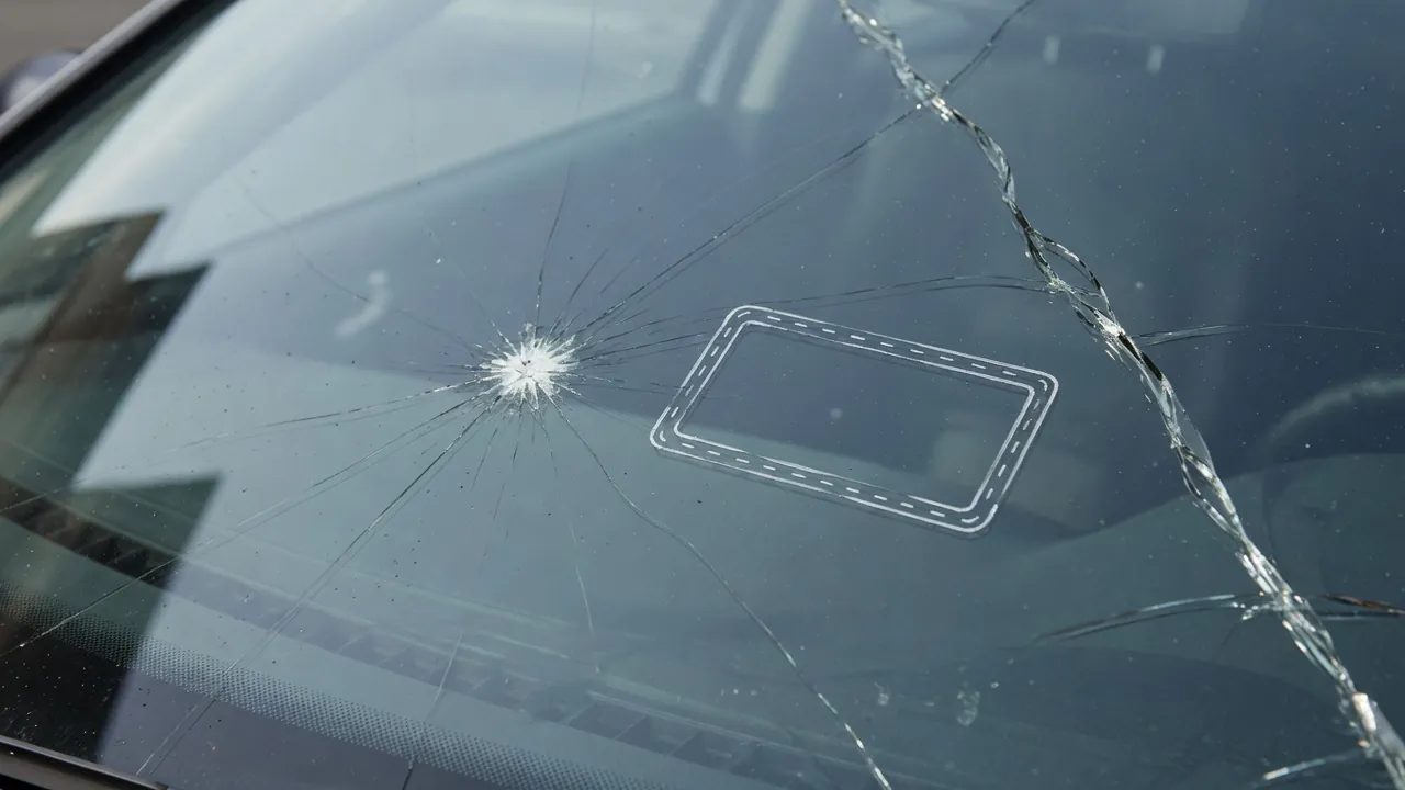 Illustration comparing a small windshield chip that can be repaired with a long crack that needs replacement