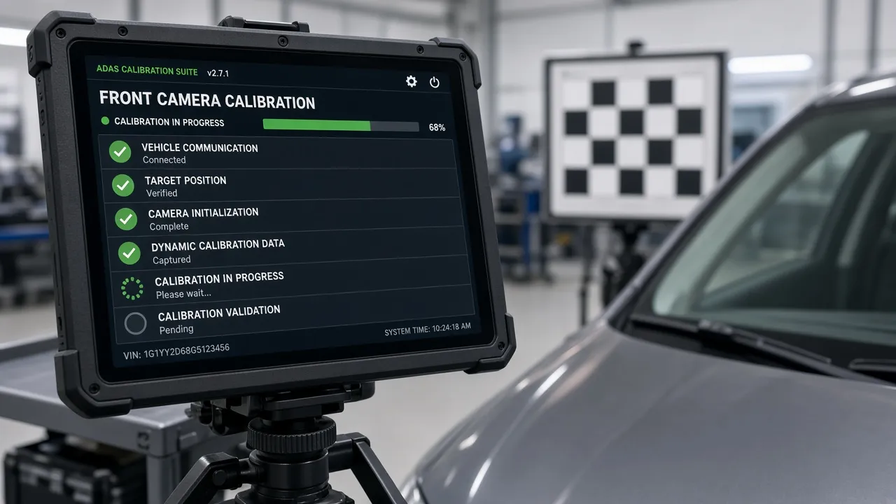 ADAS diagnostic tablet screen showing calibration status with green indicators beside a vehicle in a body shop