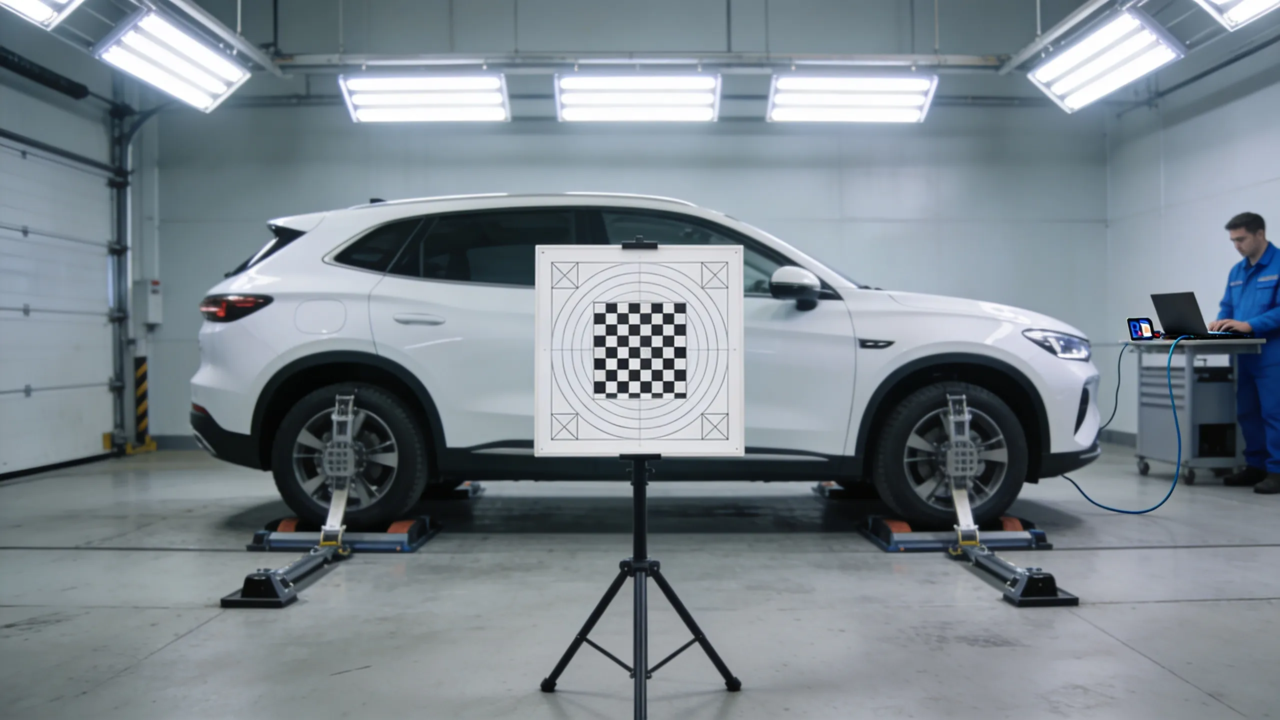 Auto body shop technician performing static ADAS calibration with target board positioned in front of vehicle