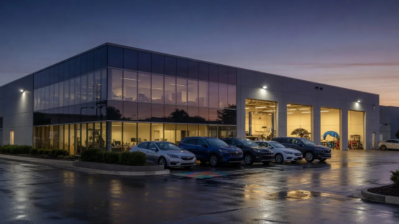 Row of repaired cars parked outside a large corporate collision repair center at dusk