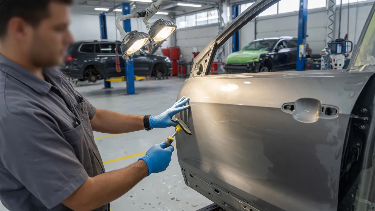 Collision repair technician inspecting a repaired car door panel in a modern body shop