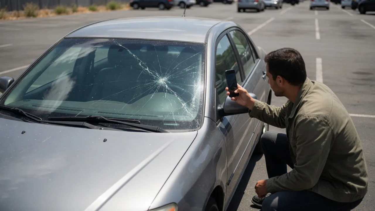 Driver photographing a cracked windshield in a parking lot before filing an insurance claim