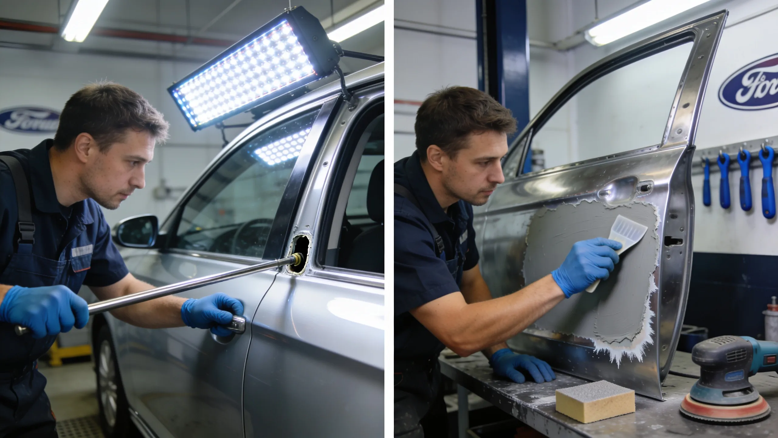 Split image showing a PDR technician using metal rods behind a car panel on the left, and a technician applying body filler to a panel on the right