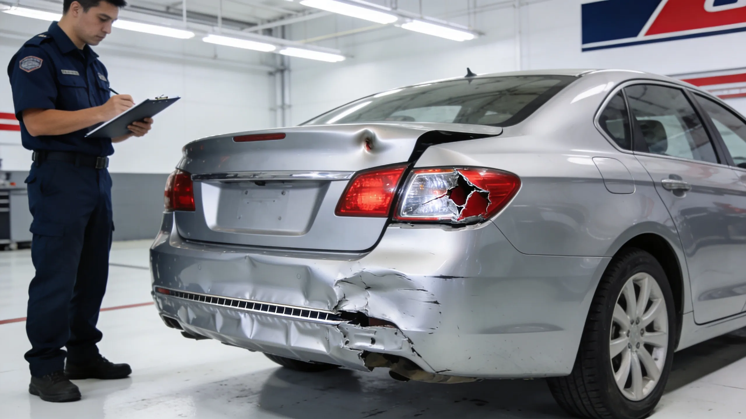 Rear-end collision damage on a silver sedan showing crumpled rear bumper and damaged tail lights during professional damage assessment